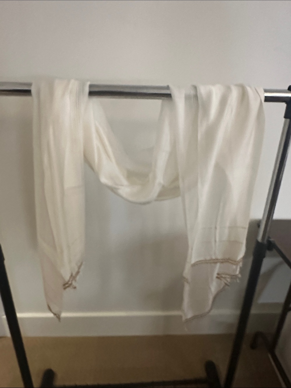 Elegant Ivory Scarf with Delicate Trim.  Made in Nepal of Silk and Viscose.
